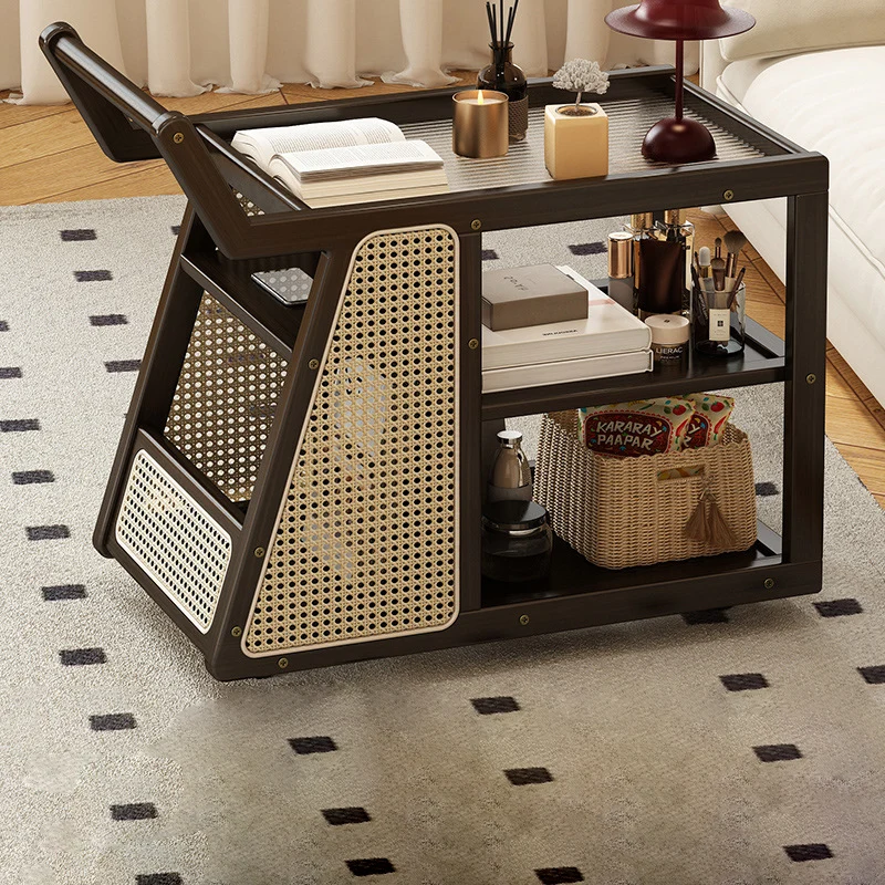 Contemporary Nordic Bamboo Glass Square Movable Plastic Weaving End Table 3-Tier For Living Room