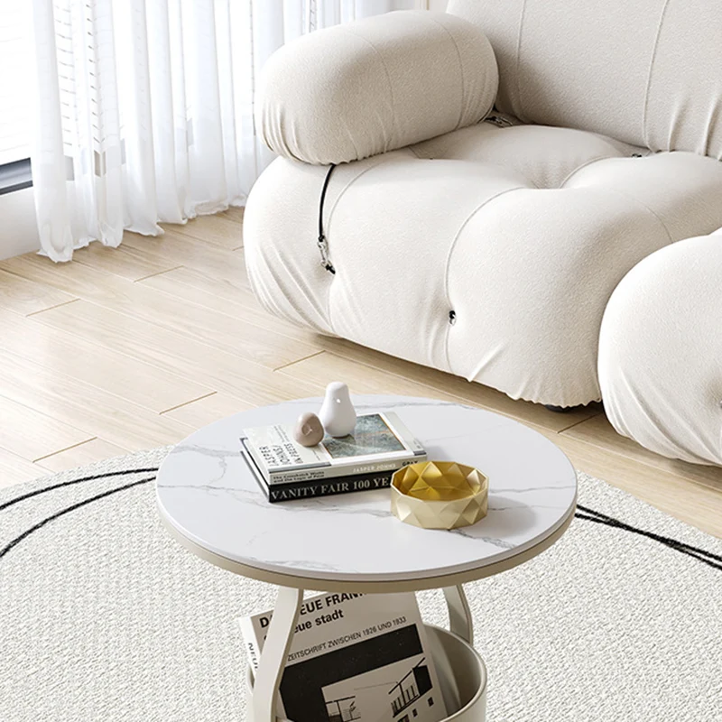 Modern Minimalist Round Rock Slab Glass Iron End Table 1-Basket For Living Room