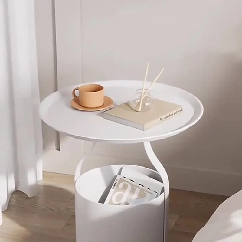 Modern Minimalist Round Rock Slab Glass Iron End Table 1-Basket For Living Room