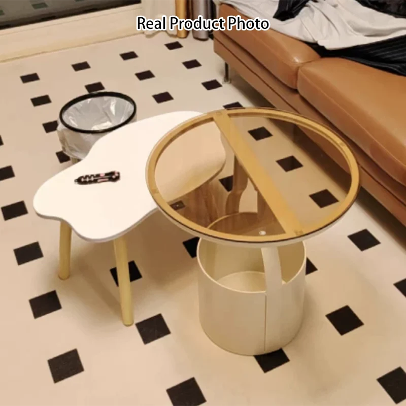 Modern Minimalist Round Rock Slab Glass Iron End Table 1-Basket For Living Room