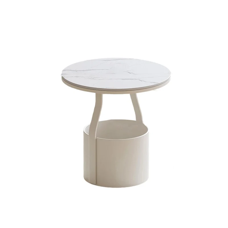 Modern Minimalist Round Rock Slab Glass Iron End Table 1-Basket For Living Room