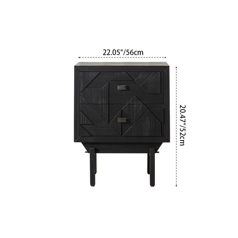 Modern Art Deco Square Fir Wood MDF Iron Nightstand 2-Drawer For Bedroom
