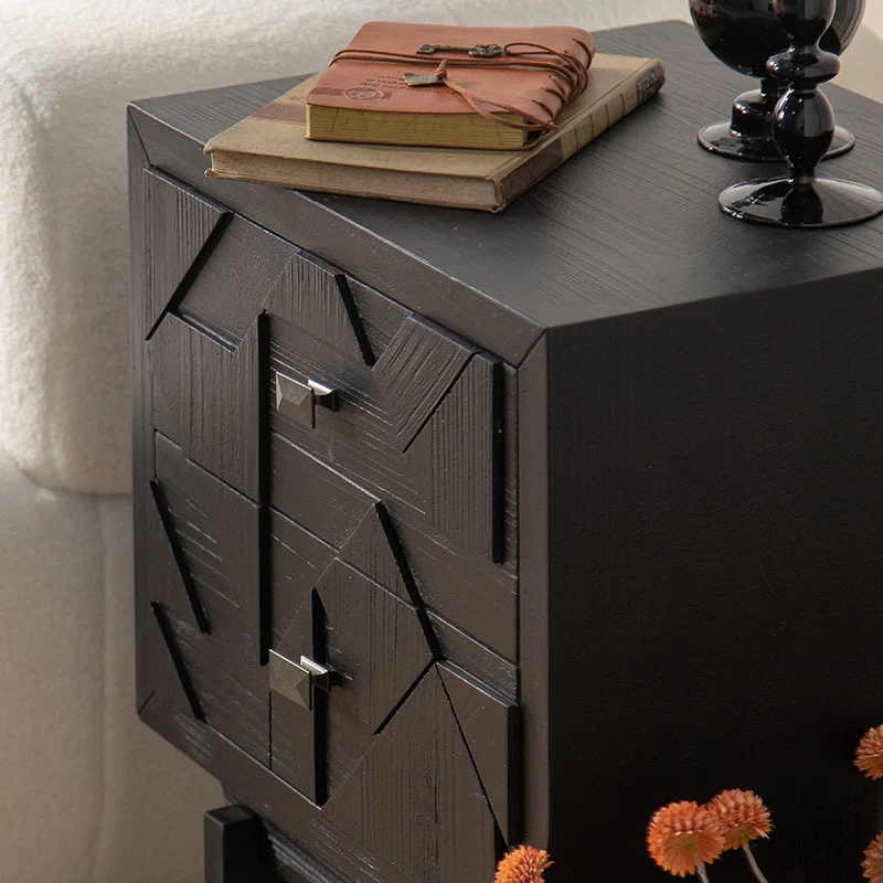 Modern Art Deco Square Fir Wood MDF Iron Nightstand 2-Drawer For Bedroom