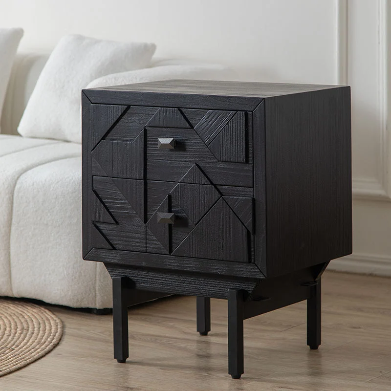 Modern Art Deco Square Fir Wood MDF Iron Nightstand 2-Drawer For Bedroom