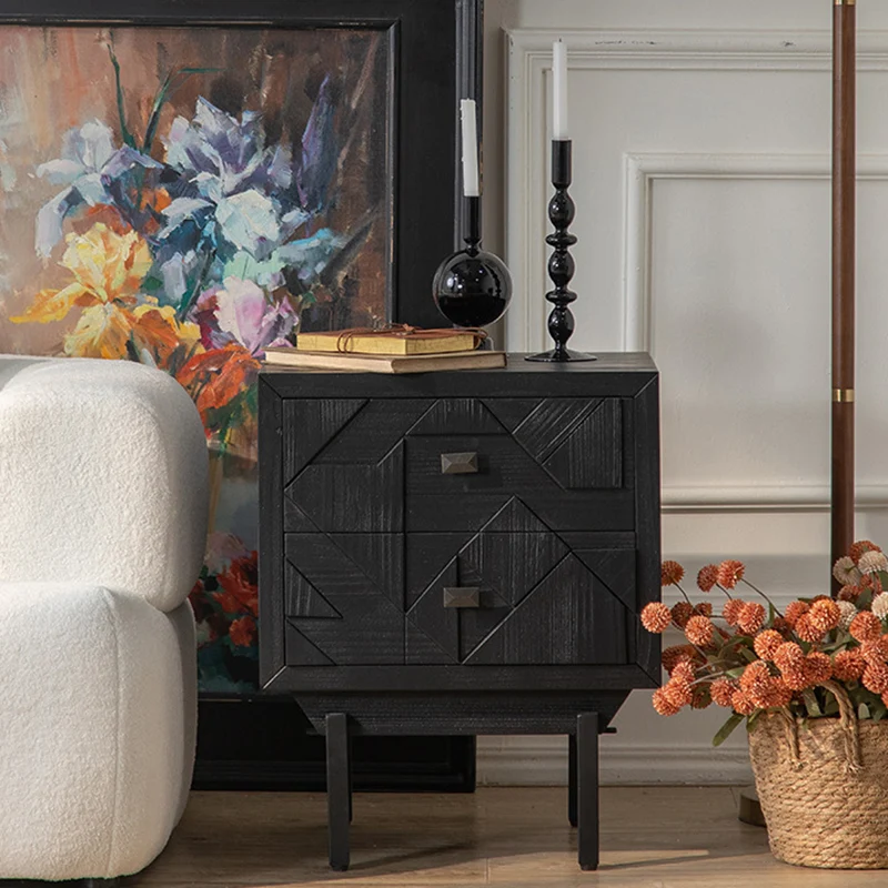 Modern Art Deco Square Fir Wood MDF Iron Nightstand 2-Drawer For Bedroom