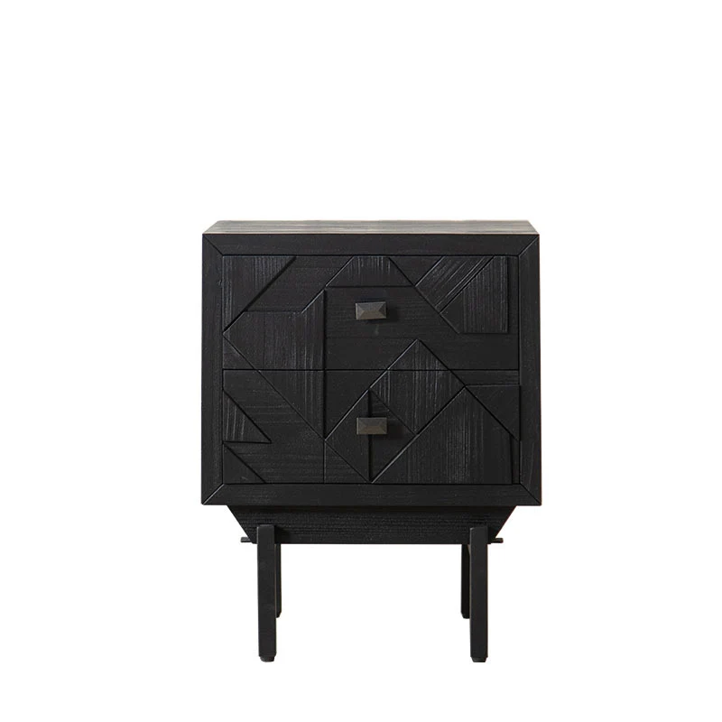 Modern Art Deco Square Fir Wood MDF Iron Nightstand 2-Drawer For Bedroom