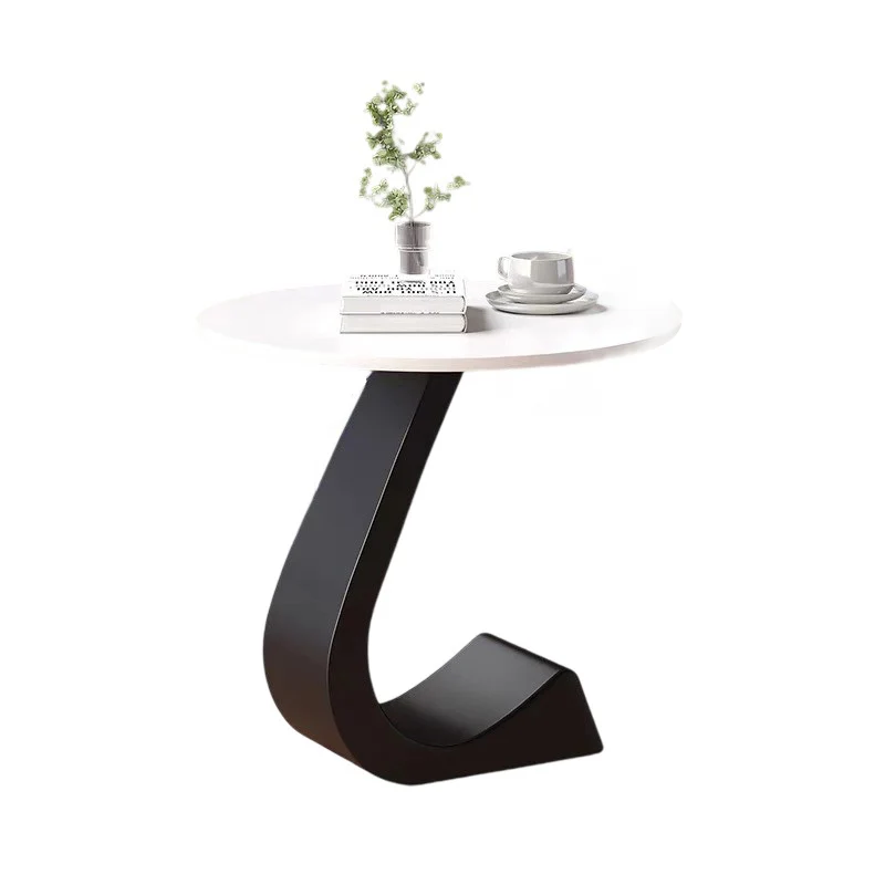 Modern Minimalist Round Rock Slab Carbon Steel End Table 1-Tier For Living Room
