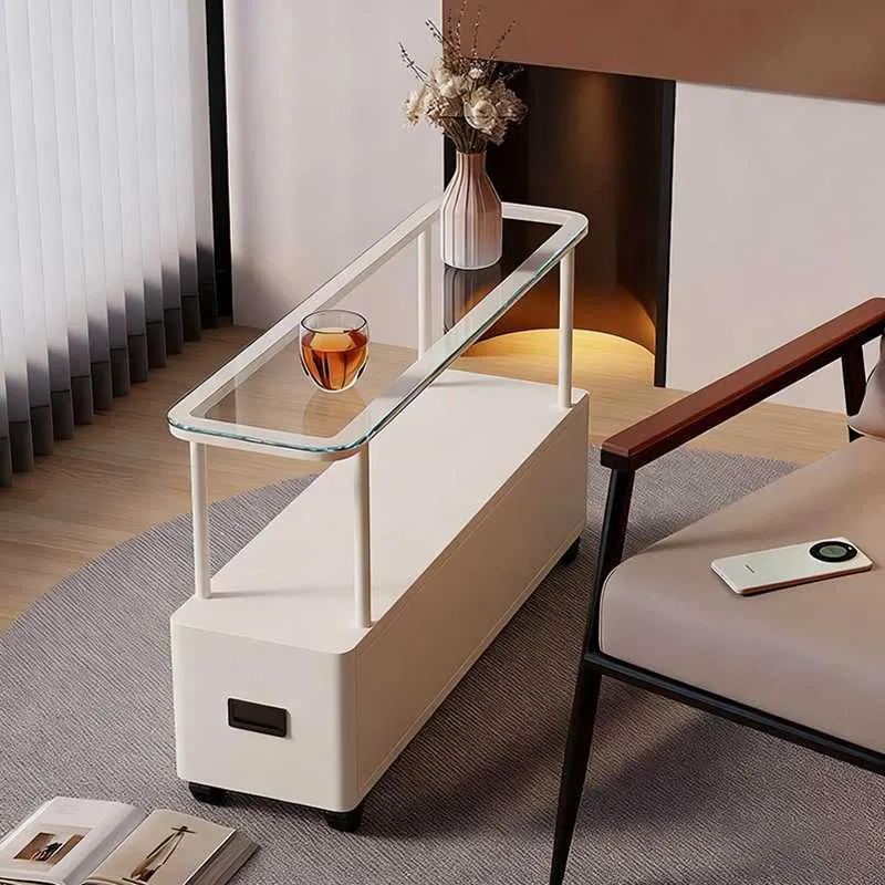 Modern Minimalist Ultra-Narrow Rectangular Tempered Glass Metal Particle Board Movable End Table 1-Drawer For Bedroom