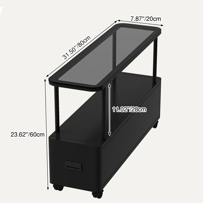 Modern Minimalist Ultra-Narrow Rectangular Tempered Glass Metal Particle Board Movable End Table 1-Drawer For Bedroom