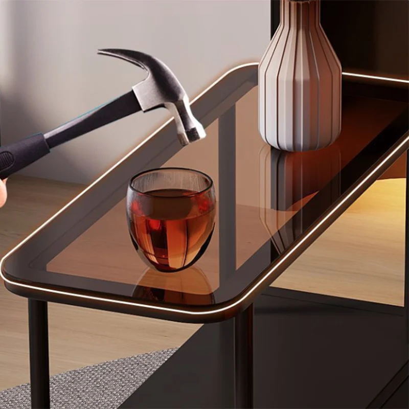 Modern Minimalist Ultra-Narrow Rectangular Tempered Glass Metal Particle Board Movable End Table 1-Drawer For Bedroom