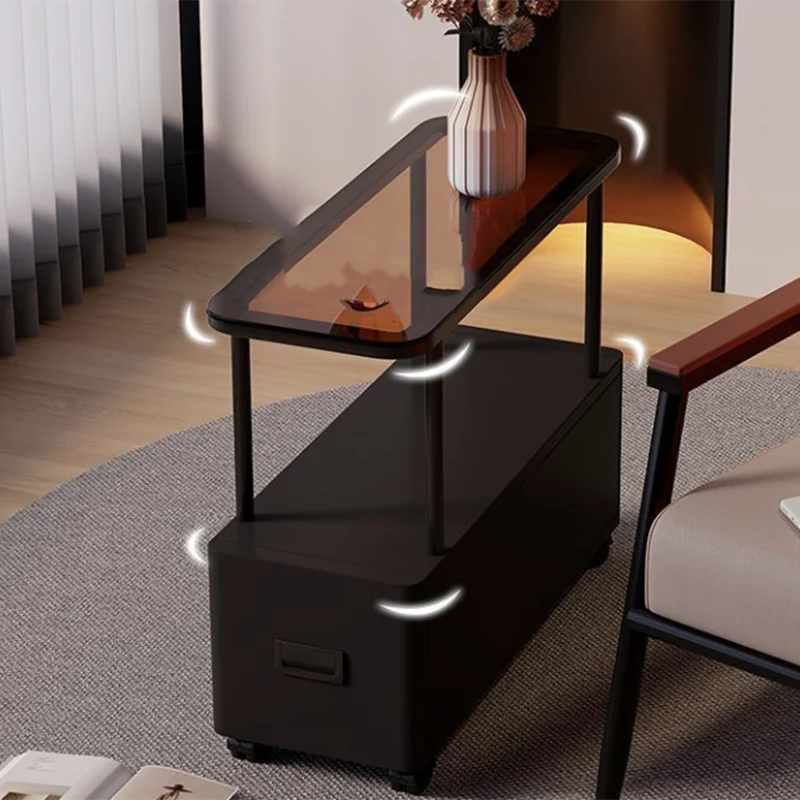 Modern Minimalist Ultra-Narrow Rectangular Tempered Glass Metal Particle Board Movable End Table 1-Drawer For Bedroom