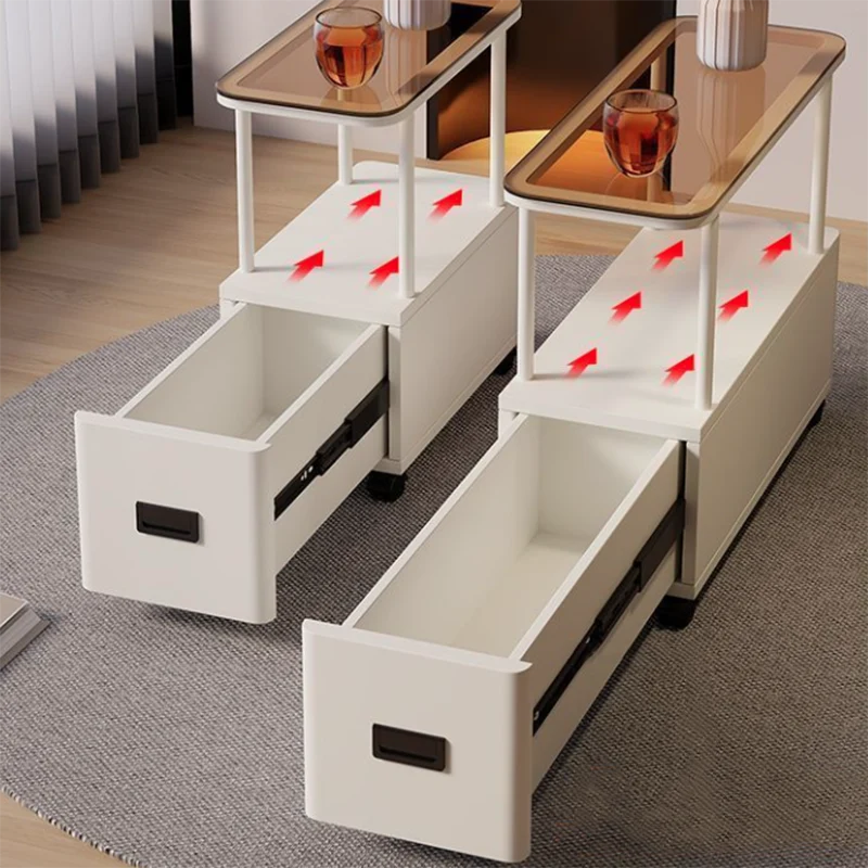 Modern Minimalist Ultra-Narrow Rectangular Tempered Glass Metal Particle Board Movable End Table 1-Drawer For Bedroom