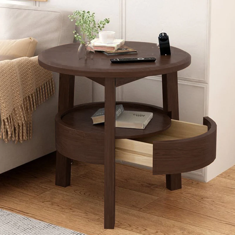 Modern Minimalist Round Rubberwood Plywood Side Table 1-Drawer For Living Room