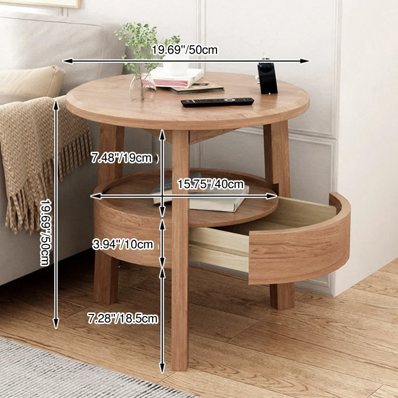 Modern Minimalist Round Rubberwood Plywood Side Table 1-Drawer For Living Room