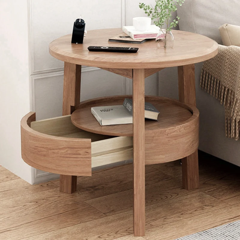 Modern Minimalist Round Rubberwood Plywood Side Table 1-Drawer For Living Room