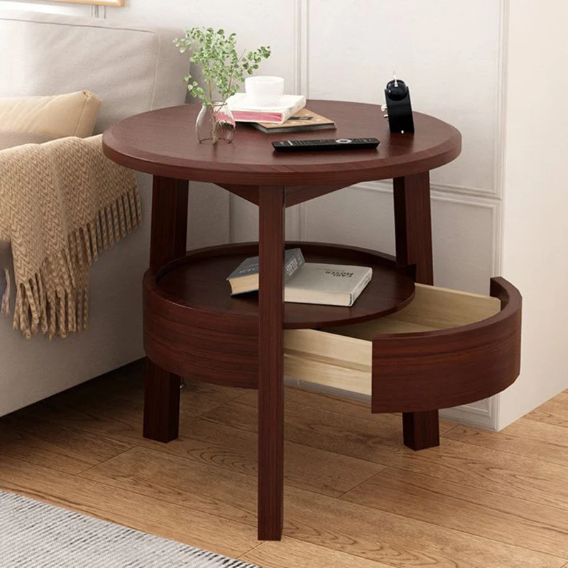 Modern Minimalist Round Rubberwood Plywood Side Table 1-Drawer For Living Room