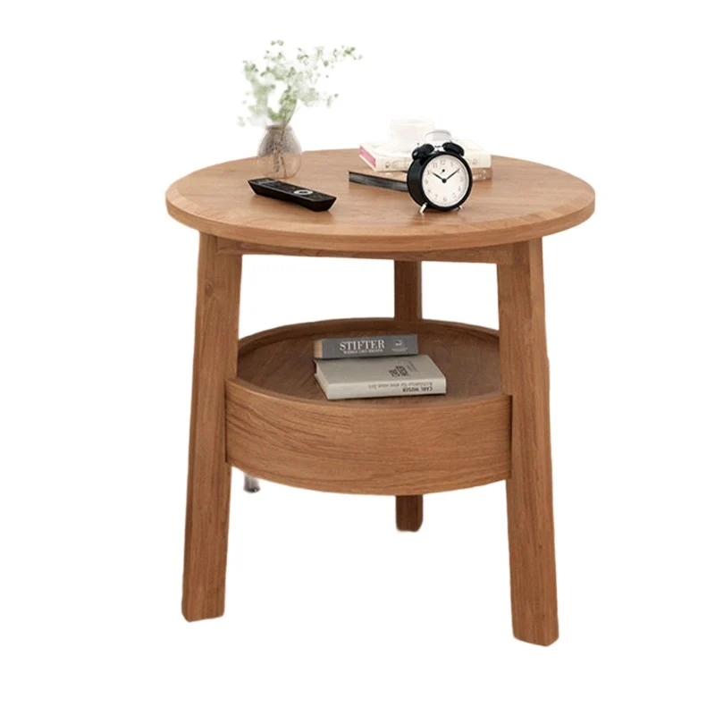 Modern Minimalist Round Rubberwood Plywood Side Table 1-Drawer For Living Room
