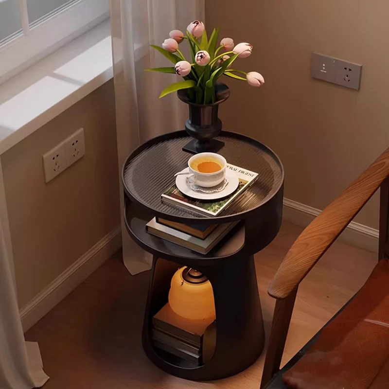 Contemporary Industrial Lighthouse Shape Carbon Steel Tempered Glass End Table 3-Tier For Bedroom
