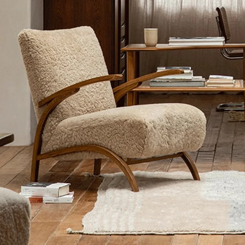 Traditional French Chenille Sherpa Fabric Solid Wood Curved Square Accent Chair With Backrest Armrests For Living Room