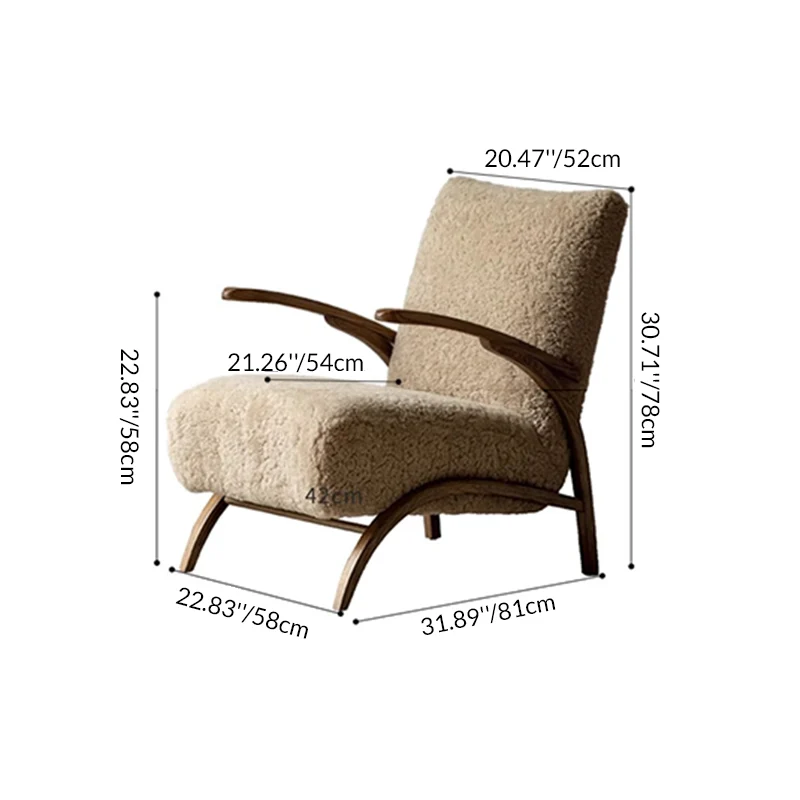 Traditional French Chenille Sherpa Fabric Solid Wood Curved Square Accent Chair With Backrest Armrests For Living Room