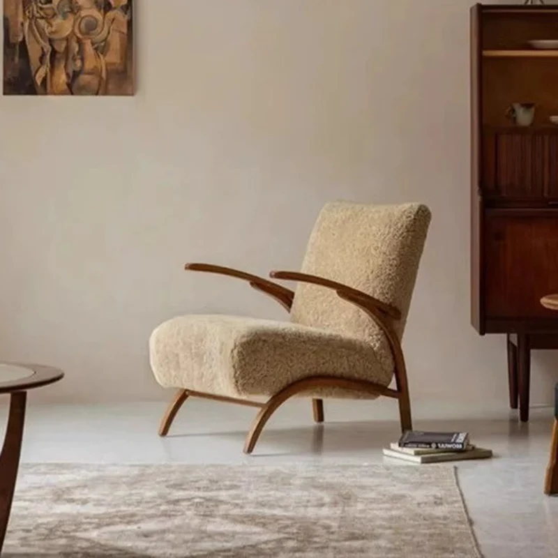 Traditional French Chenille Sherpa Fabric Solid Wood Curved Square Accent Chair With Backrest Armrests For Living Room