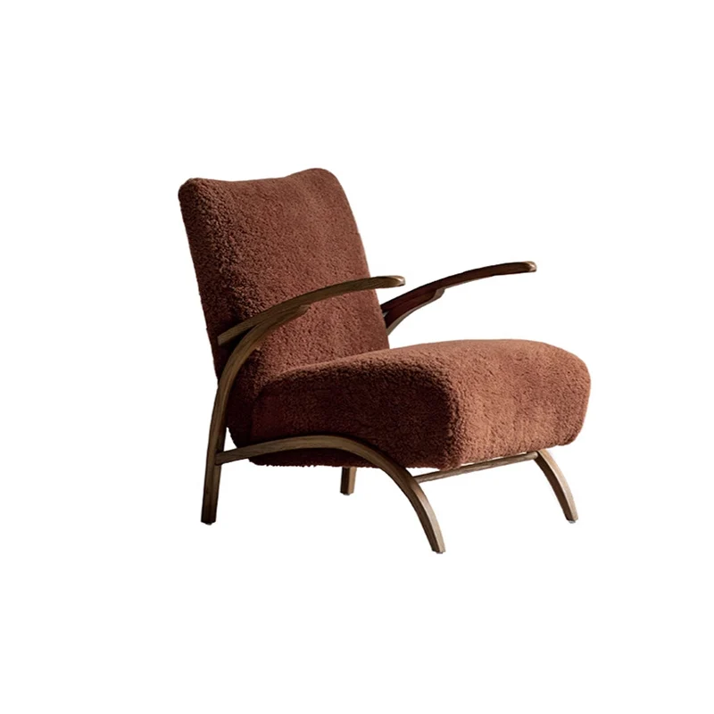 Traditional French Chenille Sherpa Fabric Solid Wood Curved Square Accent Chair With Backrest Armrests For Living Room