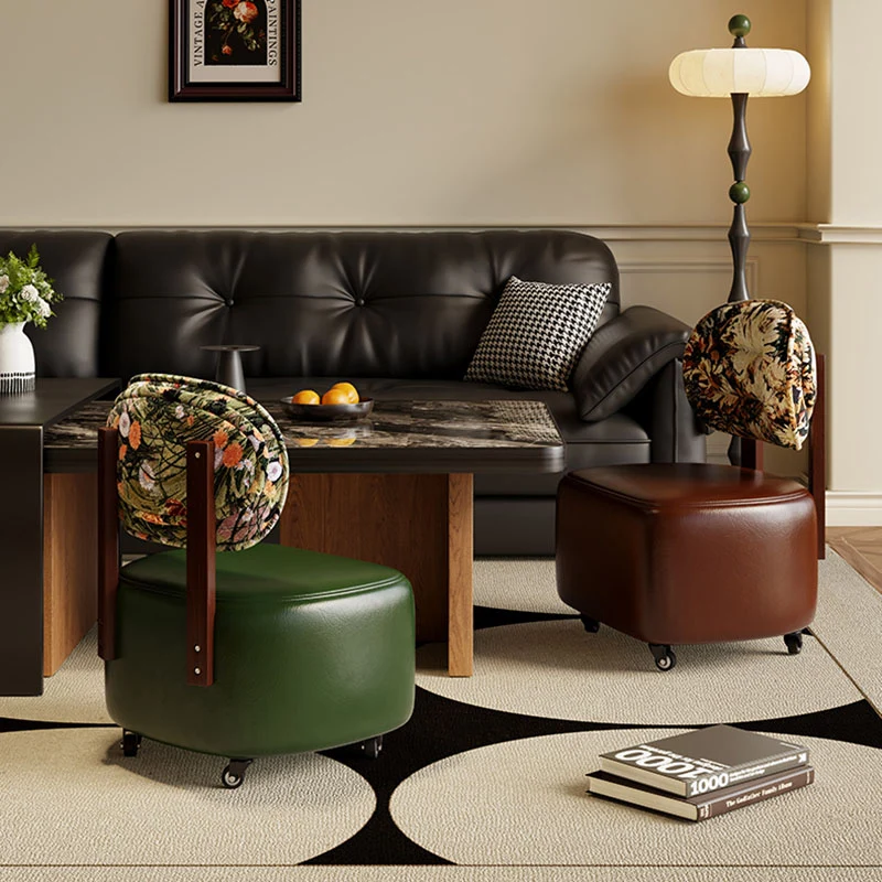 Modern Minimalist Rectangular Faux Oil-Waxed Leather Plywood Fabric Sponge Low Stool Movable Backrest For Living Room