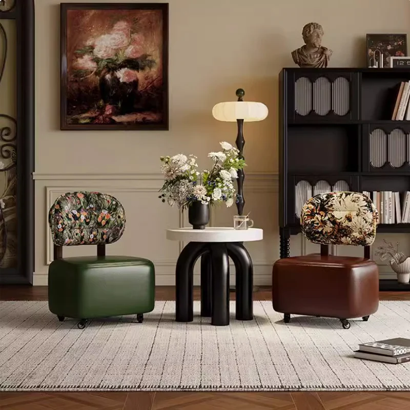 Modern Minimalist Rectangular Faux Oil-Waxed Leather Plywood Fabric Sponge Low Stool Movable Backrest For Living Room