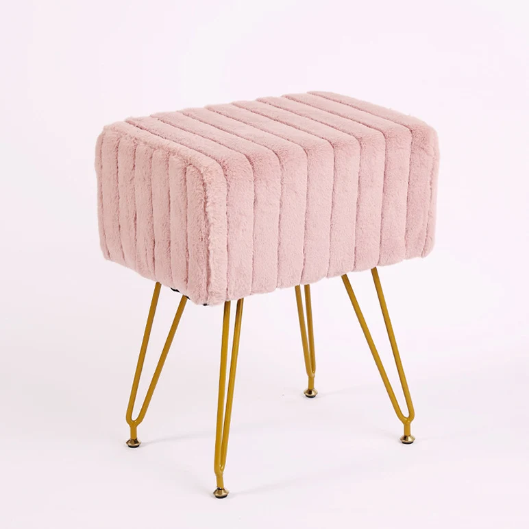 Contemporary Scandinavian Square Faux Rabbit Fur Medium Density Fiberboard Steel Organizer Vanity Stool For Bedroom