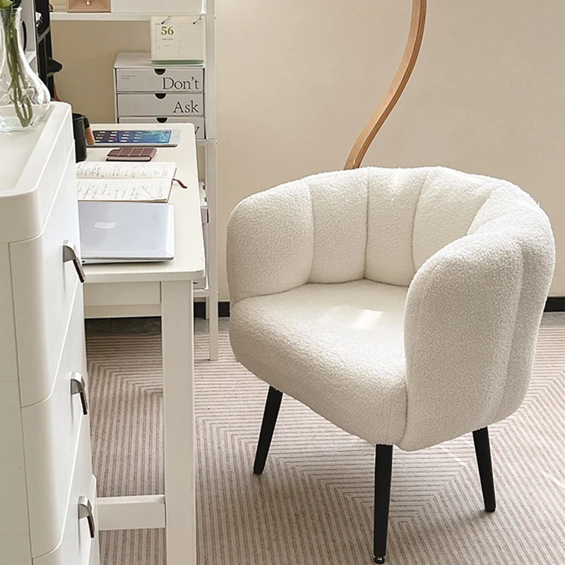 Modern Minimalist Curved Seat Cushion Sherpa Fabric Sponge Carbon Steel Vanity Stool Backrest Armrest For Bedroom