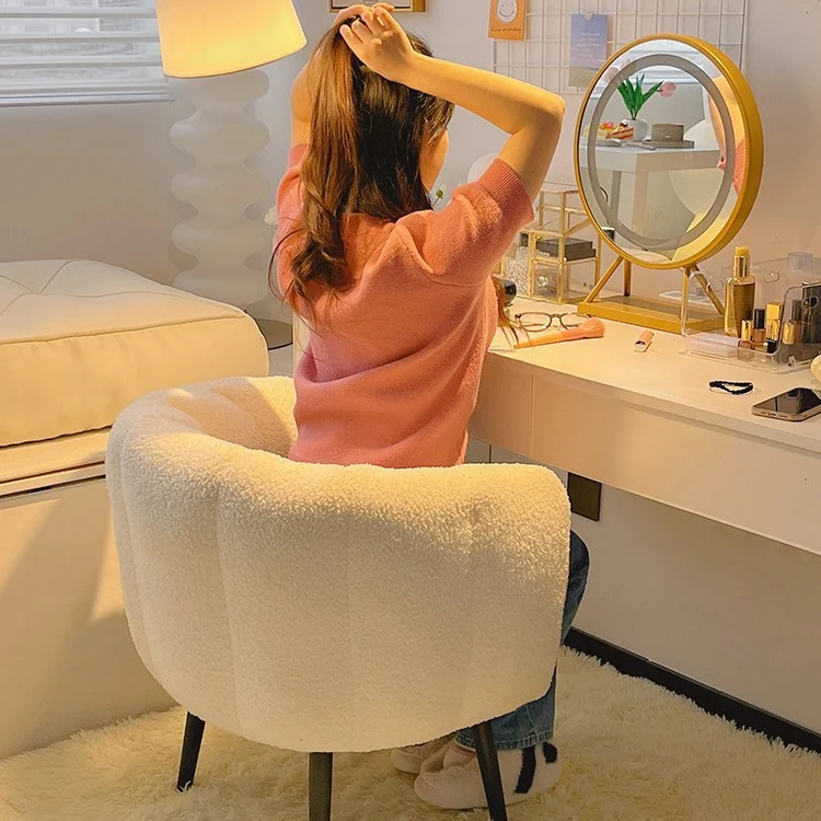 Modern Minimalist Curved Seat Cushion Sherpa Fabric Sponge Carbon Steel Vanity Stool Backrest Armrest For Bedroom