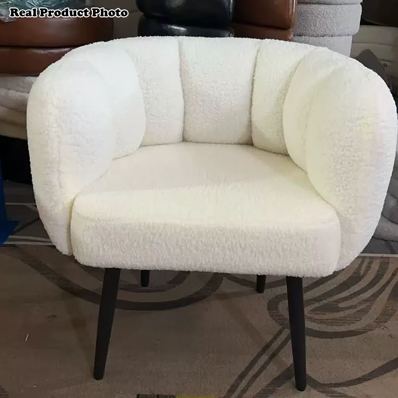 Modern Minimalist Curved Seat Cushion Sherpa Fabric Sponge Carbon Steel Vanity Stool Backrest Armrest For Bedroom