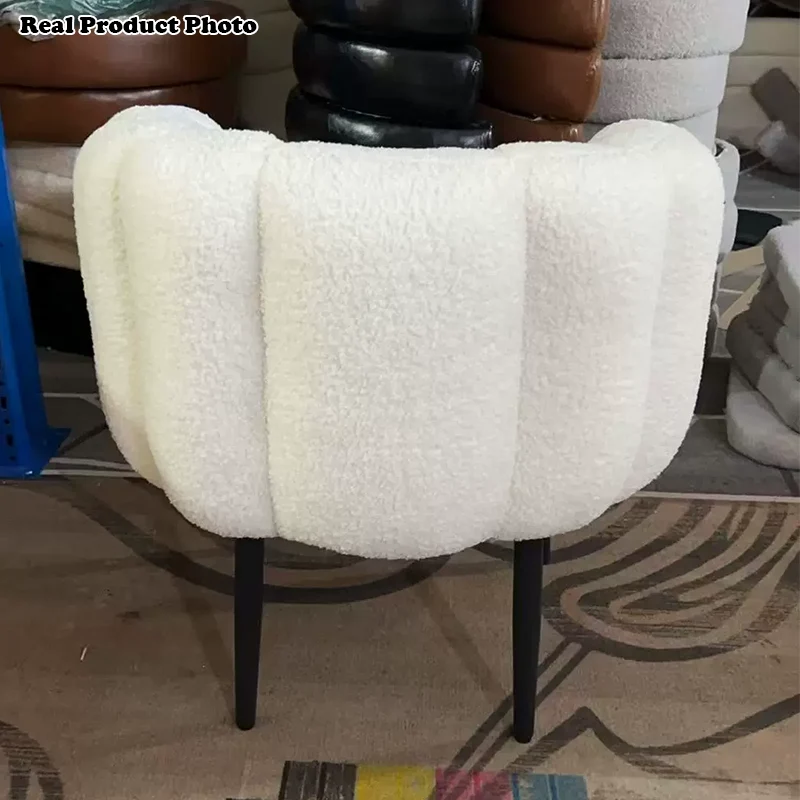 Modern Minimalist Curved Seat Cushion Sherpa Fabric Sponge Carbon Steel Vanity Stool Backrest Armrest For Bedroom