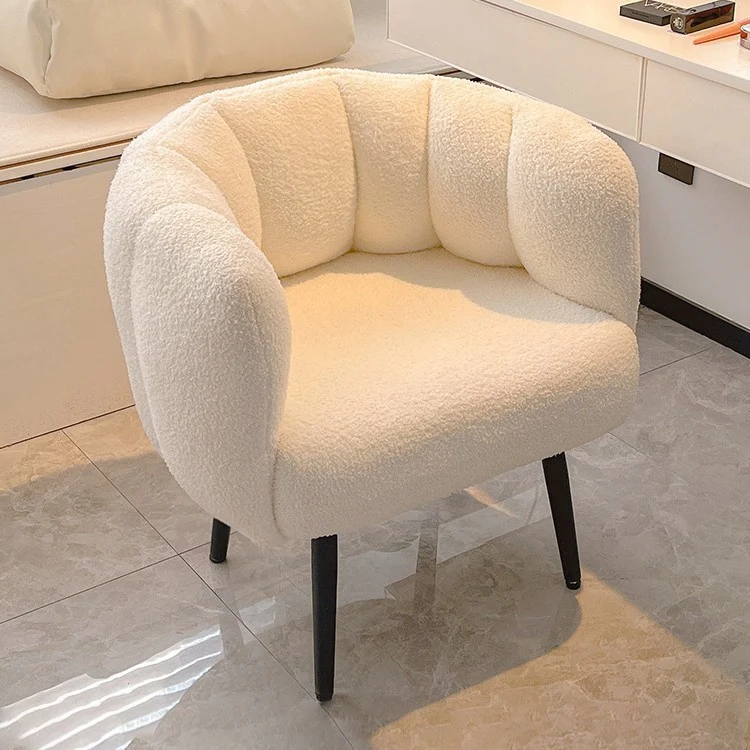 Modern Minimalist Curved Seat Cushion Sherpa Fabric Sponge Carbon Steel Vanity Stool Backrest Armrest For Bedroom