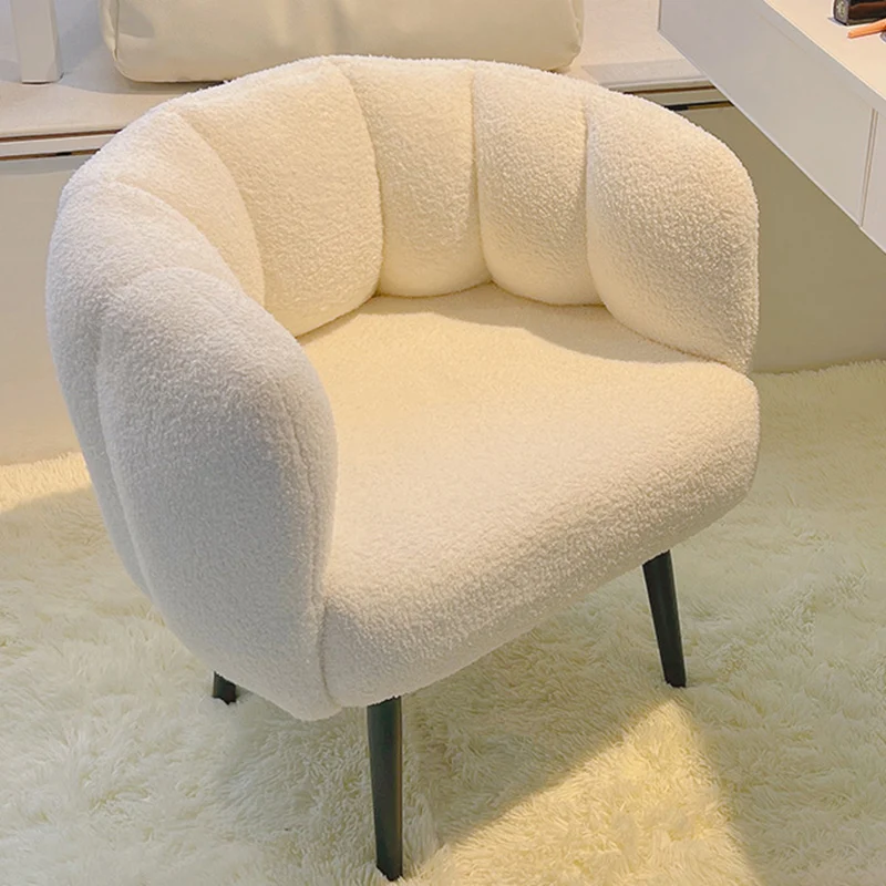 Modern Minimalist Curved Seat Cushion Sherpa Fabric Sponge Carbon Steel Vanity Stool Backrest Armrest For Bedroom