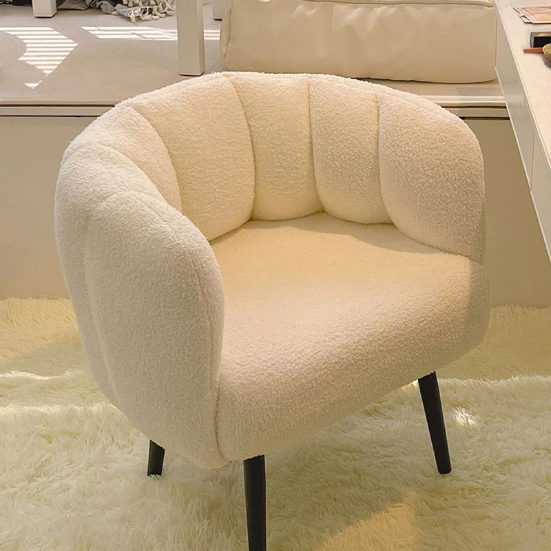 Modern Minimalist Curved Seat Cushion Sherpa Fabric Sponge Carbon Steel Vanity Stool Backrest Armrest For Bedroom