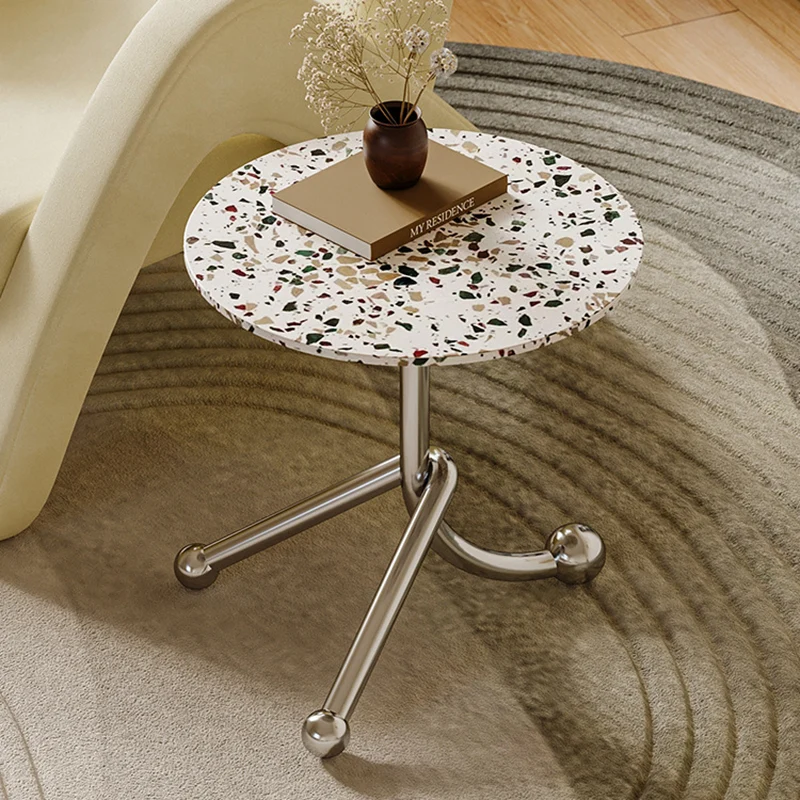 Traditional French Terrazzo Stainless Steel Round Curved End Table 1-Tier For Living Room