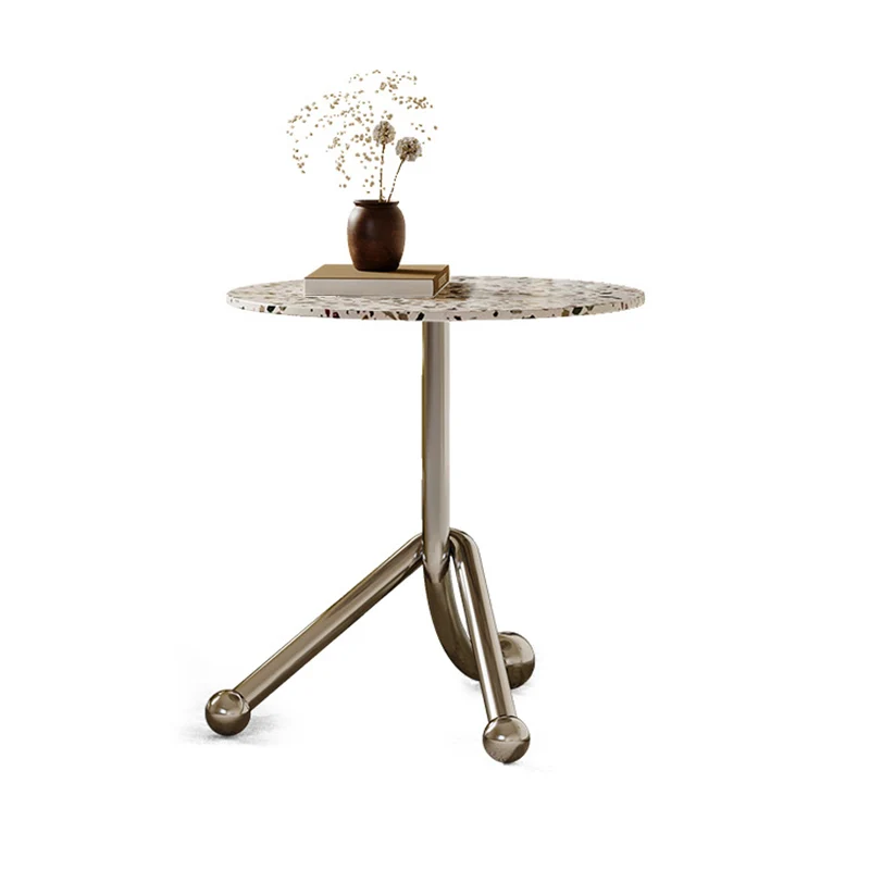 Traditional French Terrazzo Stainless Steel Round Curved End Table 1-Tier For Living Room