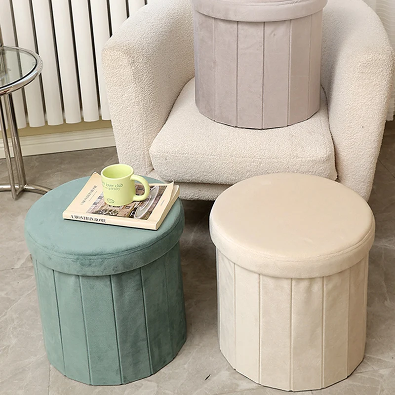 Modern Minimalist Linen Teddy Fleece Textured Cylindrical Low Stool Storage For Living Room