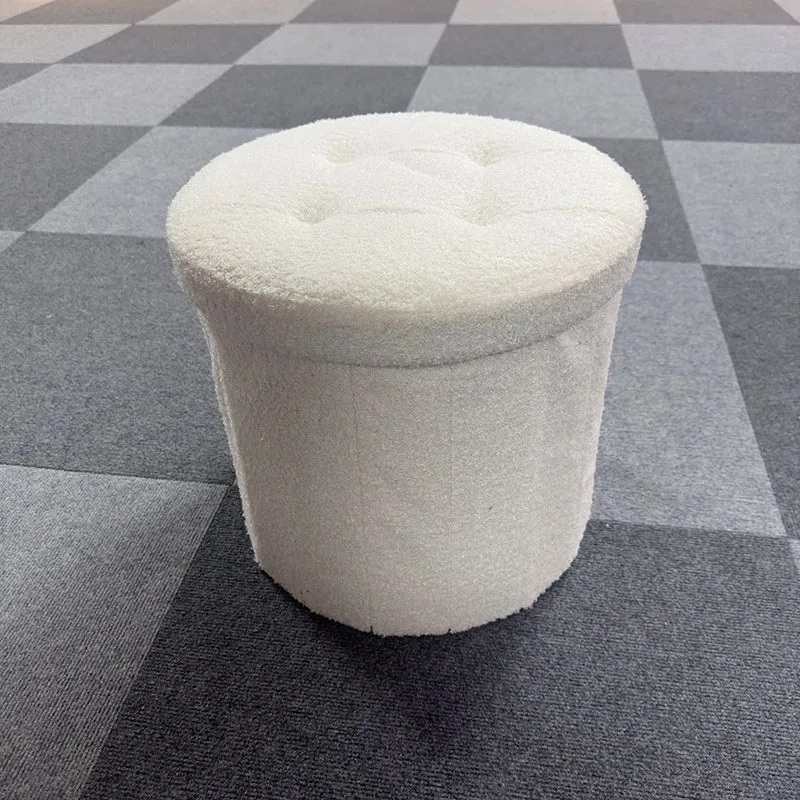 Modern Minimalist Linen Teddy Fleece Textured Cylindrical Low Stool Storage For Living Room