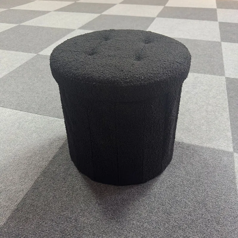 Modern Minimalist Linen Teddy Fleece Textured Cylindrical Low Stool Storage For Living Room