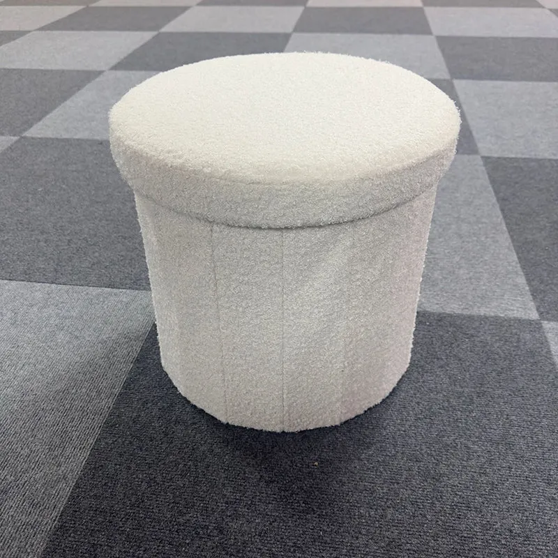 Modern Minimalist Linen Teddy Fleece Textured Cylindrical Low Stool Storage For Living Room