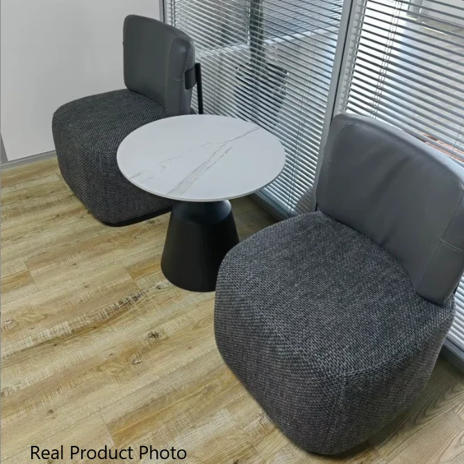 Contemporary Scandinavian Linen PU Leather Carbon Steel Round Square Accent Chair With Backrest For Living Room