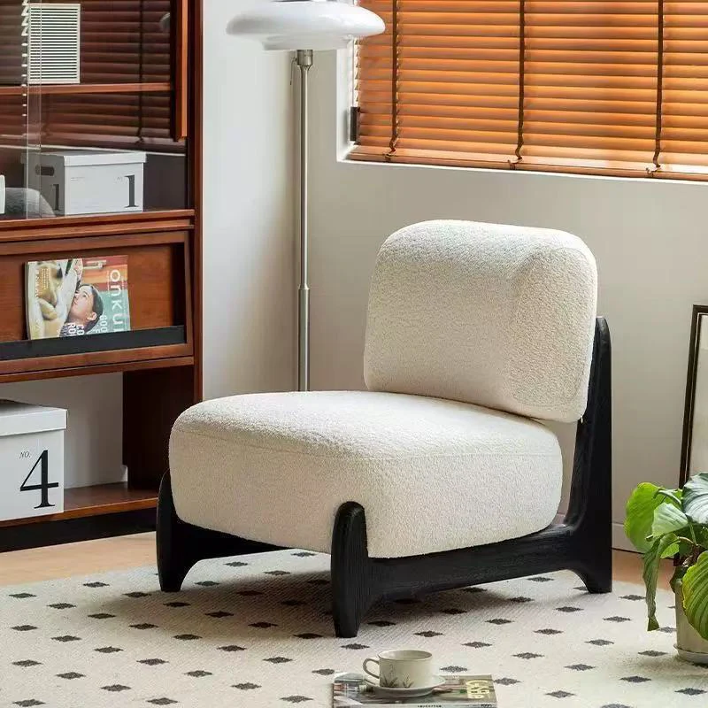 Contemporary Scandinavian Sherpa Fabric Solid Wood Rounded Square Accent Chair With Backrest For Bedroom