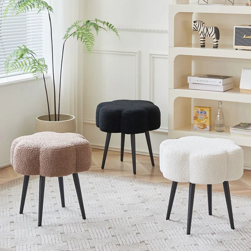 Contemporary Scandinavian Artificial Wood Sherpa Fabric Foam Sponge Armless Vanity Stool For Bedroom