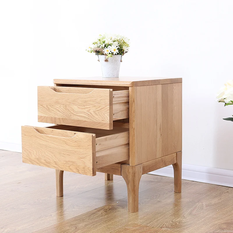 Contemporary Scandinavian Square Oak Solid Wood Paulownia Wood Nightstand 2-Drawer For Bedroom