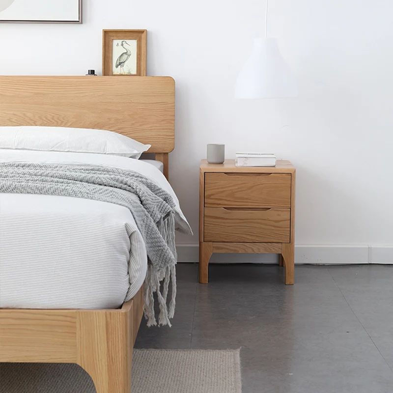 Contemporary Scandinavian Square Oak Solid Wood Paulownia Wood Nightstand 2-Drawer For Bedroom