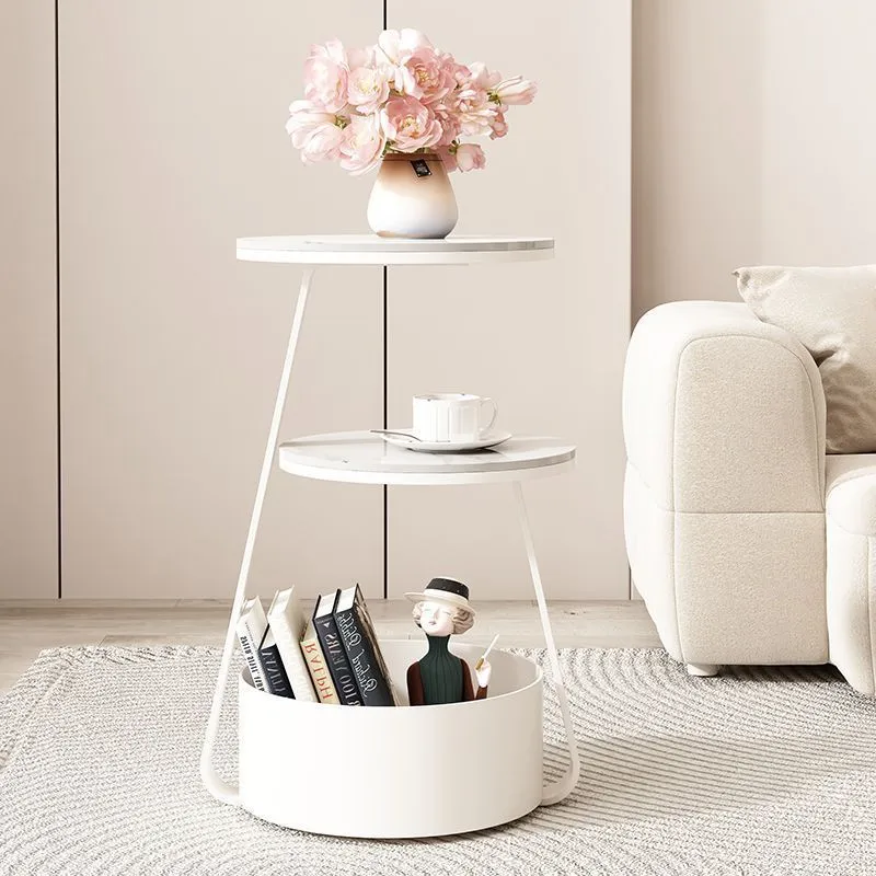 Modern Minimalist Round Sintered Stone Metal Side Table 3-Tier For Living Room