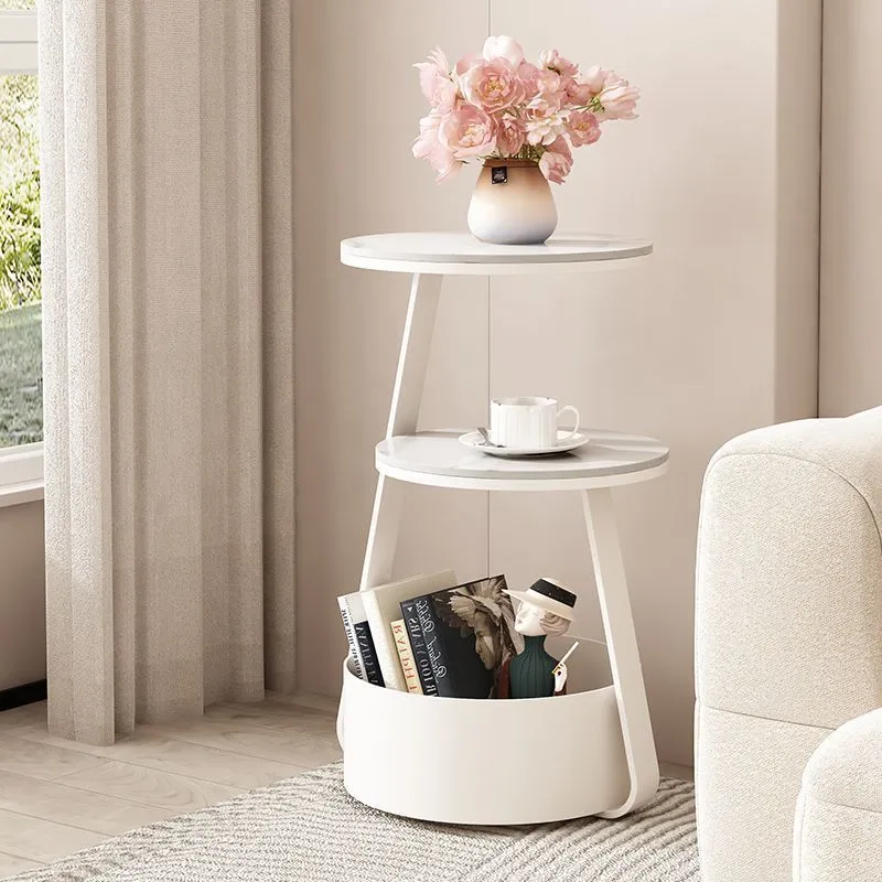 Modern Minimalist Round Sintered Stone Metal Side Table 3-Tier For Living Room