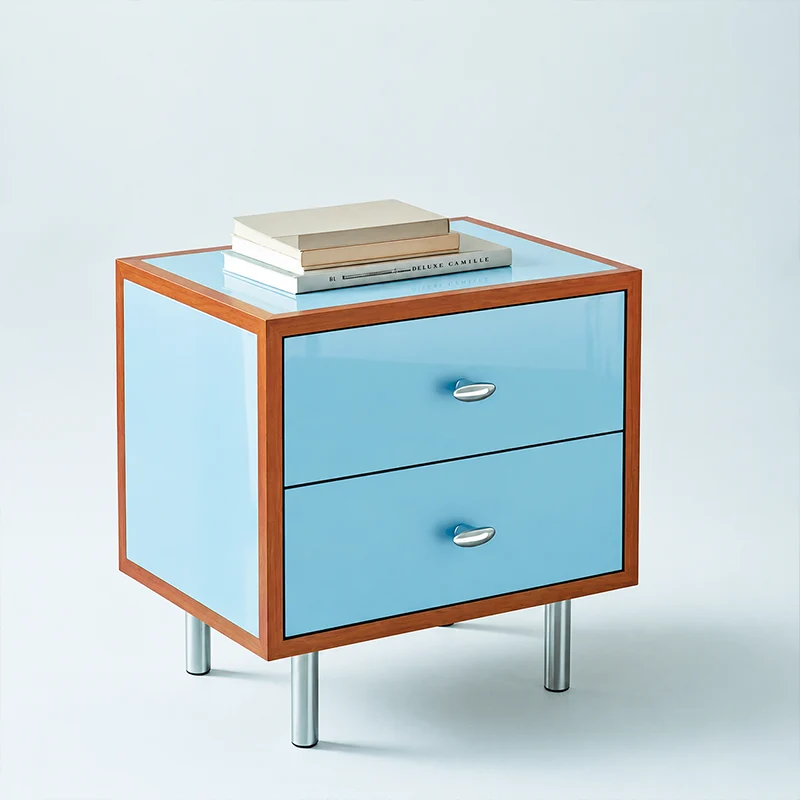 Contemporary Scandinavian Rectangular Crabapple Plywood Zinc Alloy Nightstand 2-Drawer For Bedroom